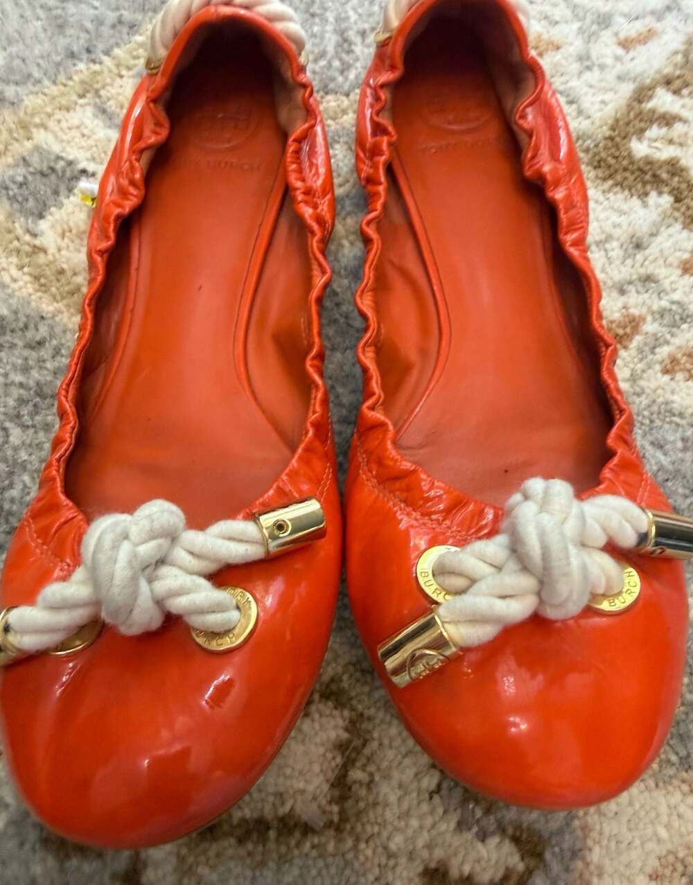 Tory Burch Reese Orange Patent Leather Rope-Tie Ballet Flats